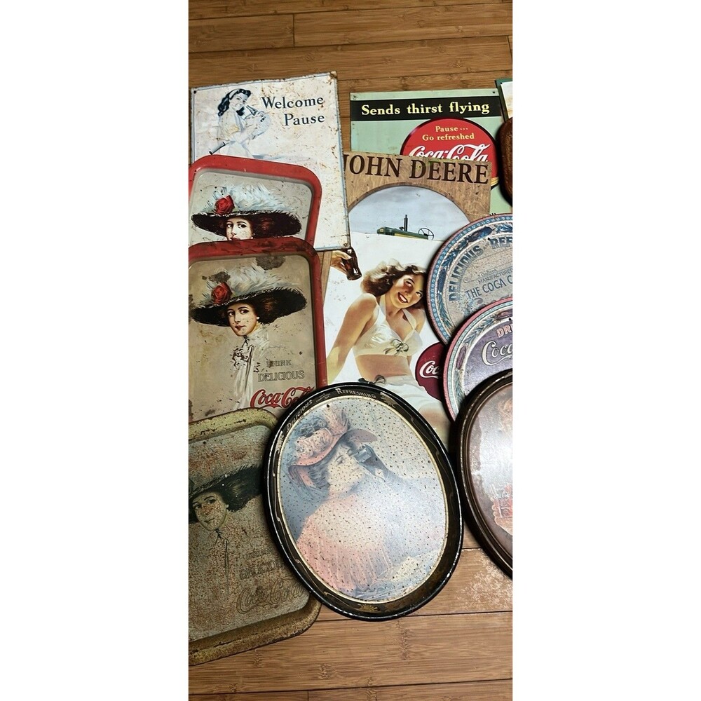 Lot of 20 Vintage Metal Tin Signs Trays Coca- Cola All Shapes and Sizes